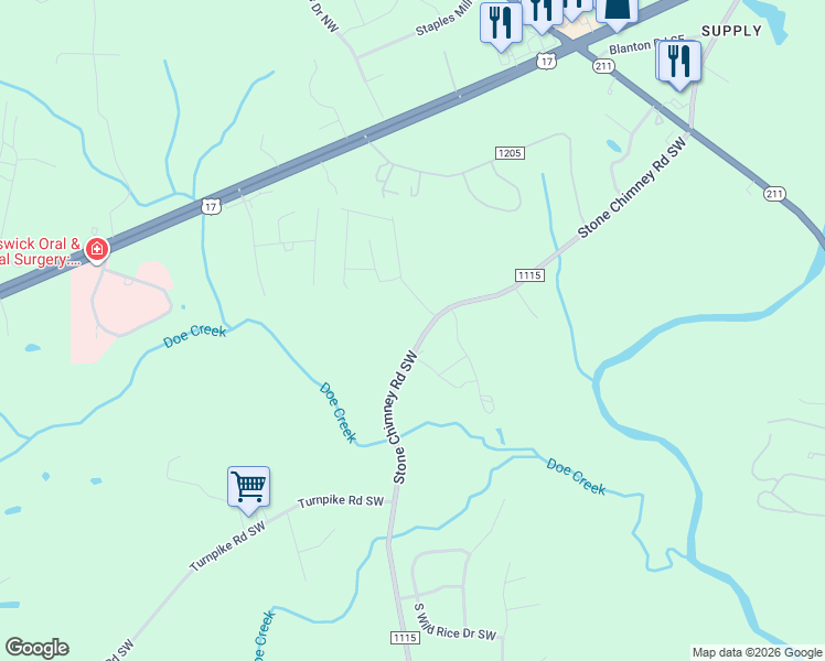 map of restaurants, bars, coffee shops, grocery stores, and more near 358-402 Stone Chimney Rd SW in Brunswick