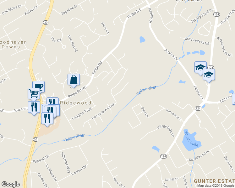 map of restaurants, bars, coffee shops, grocery stores, and more near 1284 Ridge Hollow Lane Northeast in Lawrenceville