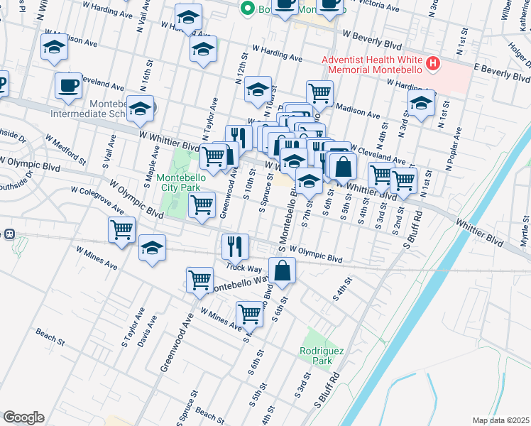 map of restaurants, bars, coffee shops, grocery stores, and more near 208 South Spruce Street in Montebello