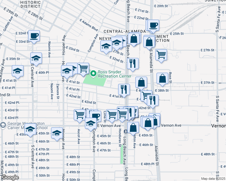 map of restaurants, bars, coffee shops, grocery stores, and more near 1614 East 41st Street in Los Angeles