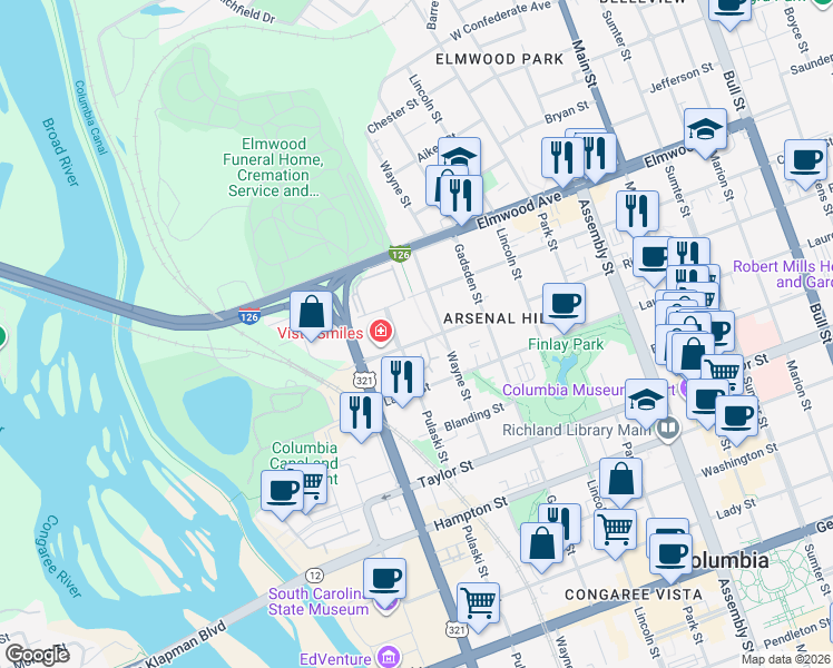 map of restaurants, bars, coffee shops, grocery stores, and more near 613 Richland Street in Columbia