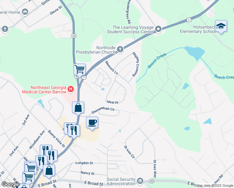 map of restaurants, bars, coffee shops, grocery stores, and more near 710 Quality Lane in Winder
