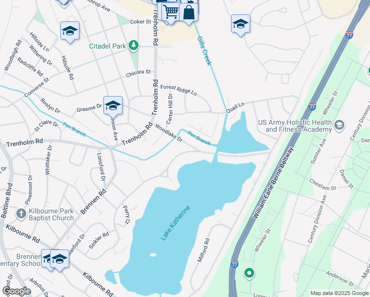 map of restaurants, bars, coffee shops, grocery stores, and more near 1665 Kathwood Drive in Columbia