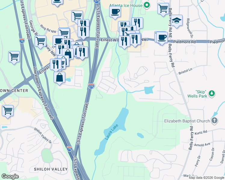map of restaurants, bars, coffee shops, grocery stores, and more near 307 Nibblewill Place in Marietta