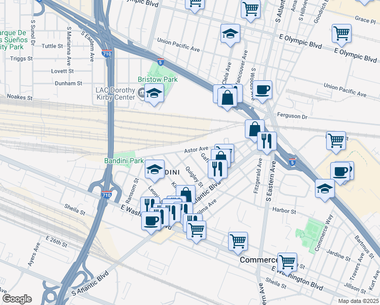 map of restaurants, bars, coffee shops, grocery stores, and more near 4964 Astor Avenue in Commerce