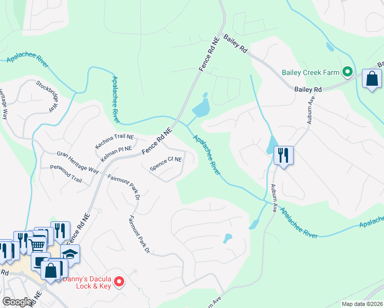 map of restaurants, bars, coffee shops, grocery stores, and more near River Pass Court Northeast in Dacula
