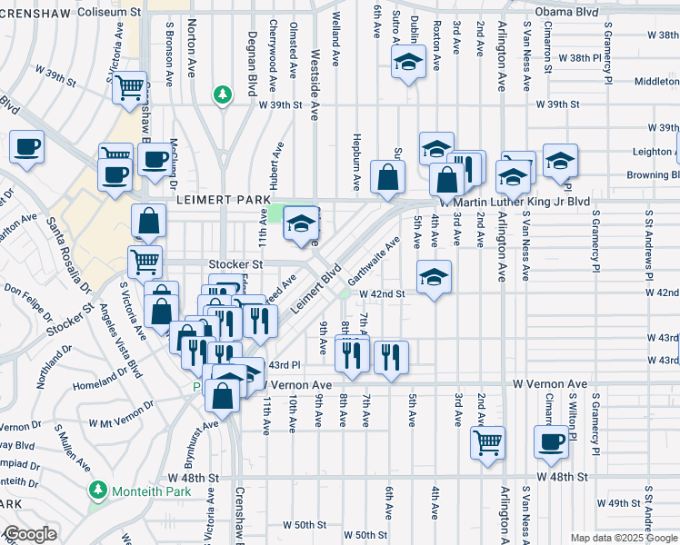 map of restaurants, bars, coffee shops, grocery stores, and more near 3025 Stocker Place in Los Angeles