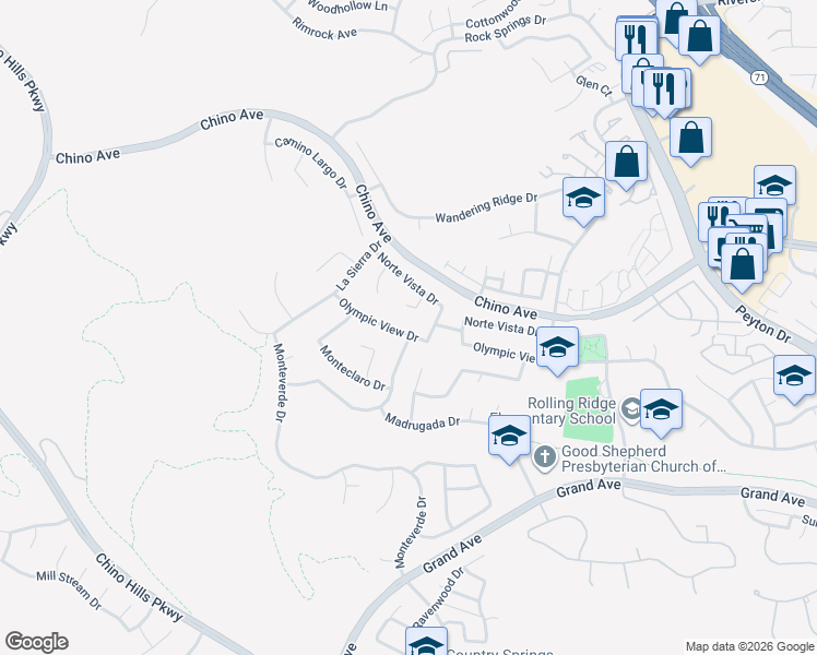map of restaurants, bars, coffee shops, grocery stores, and more near 2360 Olympic View Drive in Chino Hills