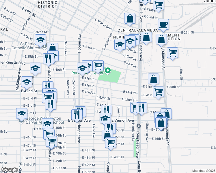 map of restaurants, bars, coffee shops, grocery stores, and more near 1471 East 41st Place in Los Angeles