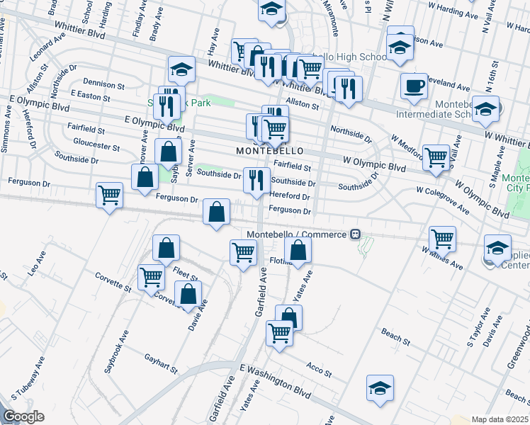 map of restaurants, bars, coffee shops, grocery stores, and more near 1532 Garfield Avenue in Commerce