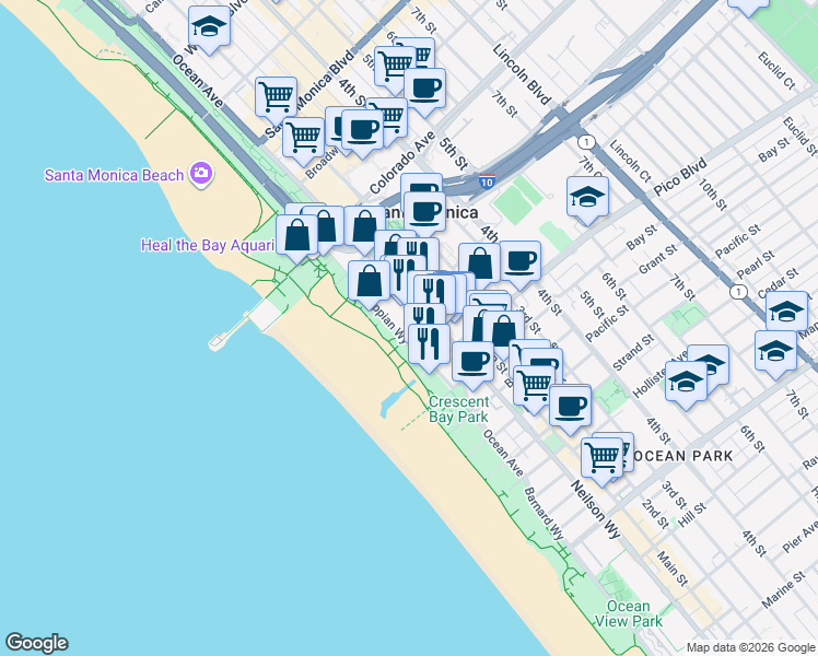 map of restaurants, bars, coffee shops, grocery stores, and more near 1751 Appian Way in Santa Monica
