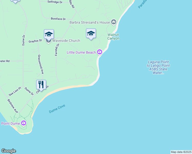 map of restaurants, bars, coffee shops, grocery stores, and more near 28820 Cliffside Drive in Malibu