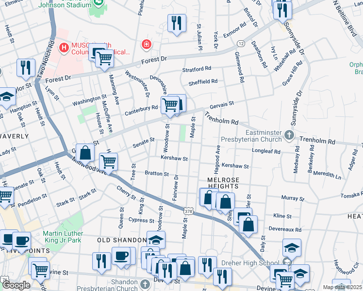 map of restaurants, bars, coffee shops, grocery stores, and more near 1418 Fairview Drive in Columbia