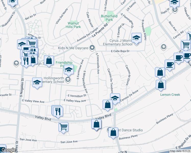 map of restaurants, bars, coffee shops, grocery stores, and more near East Goodwick Drive in West Covina