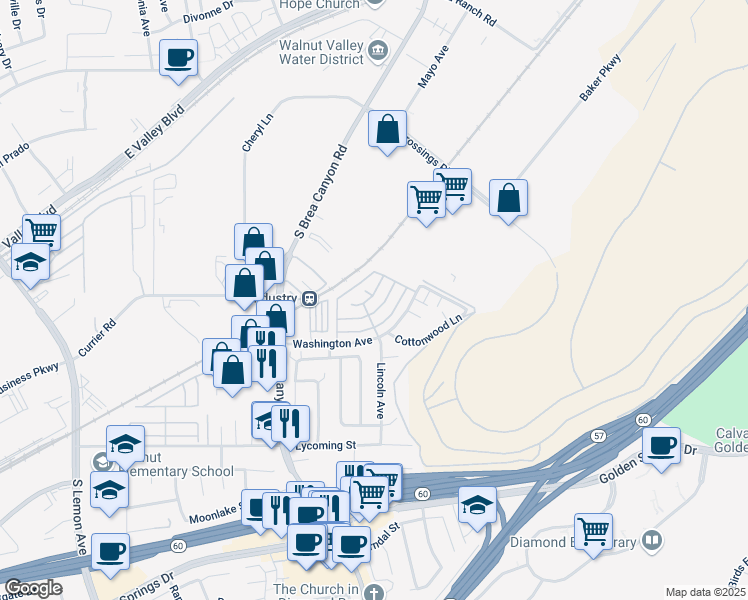 map of restaurants, bars, coffee shops, grocery stores, and more near 21217 Washington Avenue in Walnut