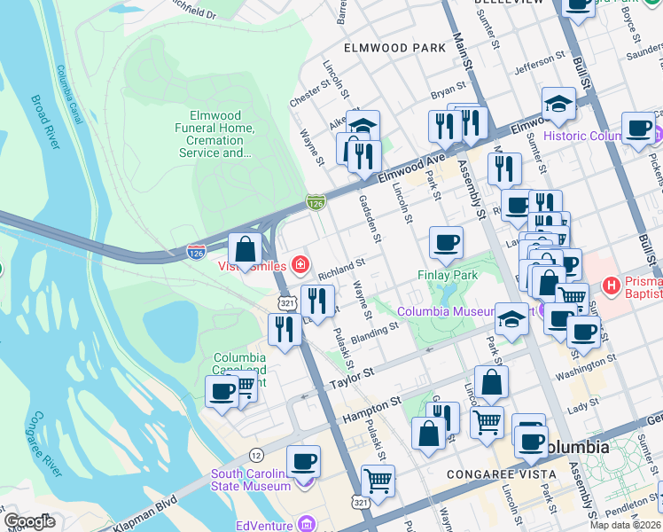 map of restaurants, bars, coffee shops, grocery stores, and more near 613 Richland Street in Columbia
