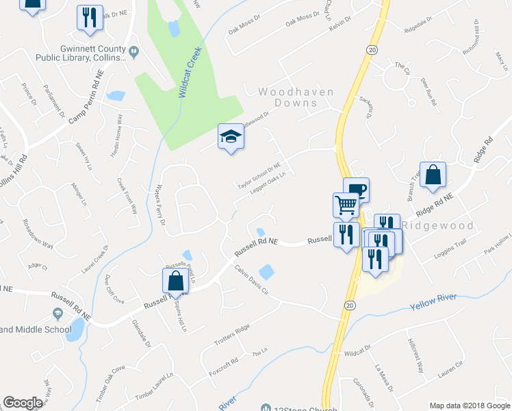 map of restaurants, bars, coffee shops, grocery stores, and more near 1506 Shuman Hollow in Lawrenceville