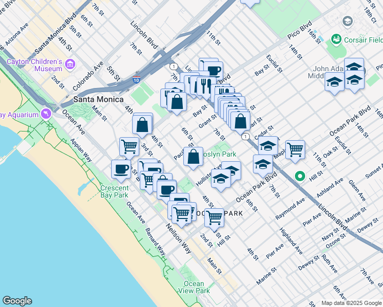 map of restaurants, bars, coffee shops, grocery stores, and more near in Santa Monica