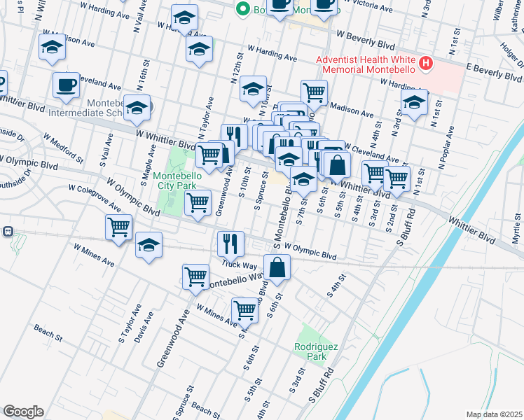 map of restaurants, bars, coffee shops, grocery stores, and more near 208 South Spruce Street in Montebello