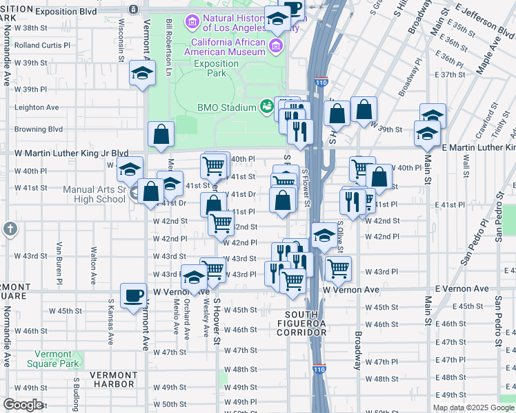 map of restaurants, bars, coffee shops, grocery stores, and more near 535 West 41st Place in Los Angeles