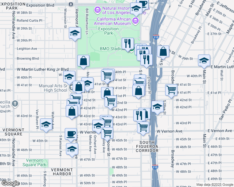 map of restaurants, bars, coffee shops, grocery stores, and more near 635 West 41st Place in Los Angeles