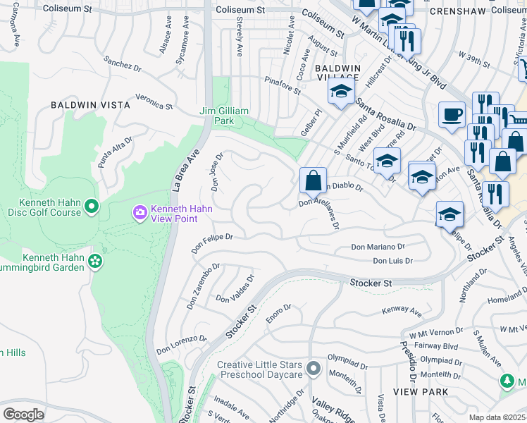 map of restaurants, bars, coffee shops, grocery stores, and more near 4246 Hillcrest Drive in Los Angeles