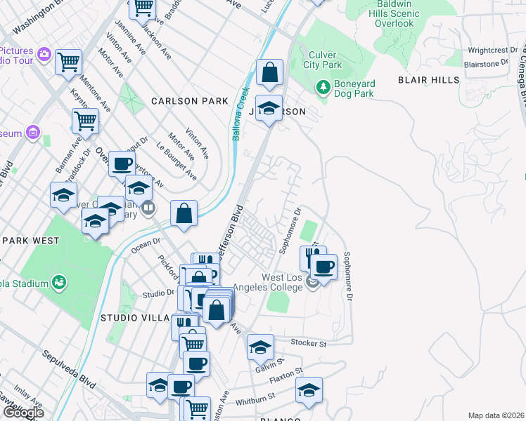 map of restaurants, bars, coffee shops, grocery stores, and more near 7212 Raintree Circle in Culver City