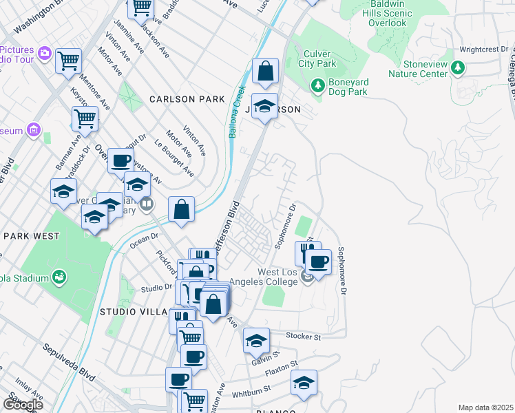 map of restaurants, bars, coffee shops, grocery stores, and more near 7212 Raintree Circle in Culver City
