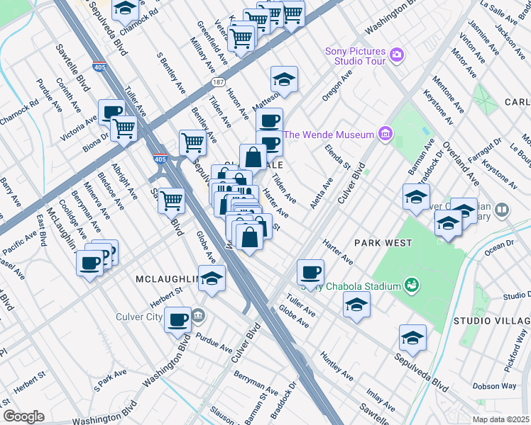 map of restaurants, bars, coffee shops, grocery stores, and more near 4122 Center Street in Culver City