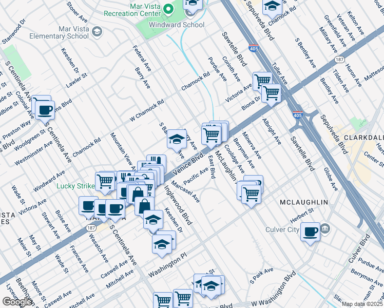 map of restaurants, bars, coffee shops, grocery stores, and more near 11811 California 187 in Los Angeles
