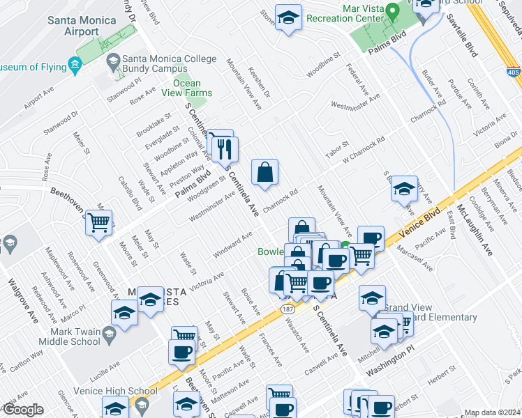 map of restaurants, bars, coffee shops, grocery stores, and more near 3605 South Centinela Avenue in Los Angeles