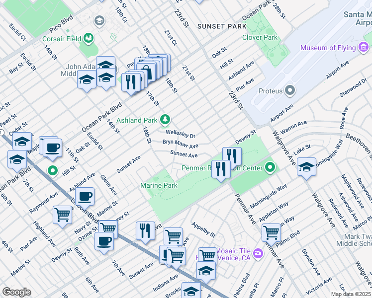 map of restaurants, bars, coffee shops, grocery stores, and more near 1744 Bryn Mawr Avenue in Santa Monica