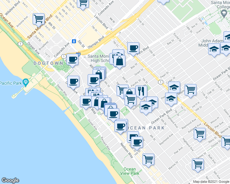 map of restaurants, bars, coffee shops, grocery stores, and more near 409 Pacific Street in Santa Monica