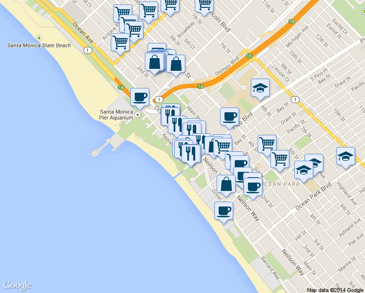 map of restaurants, bars, coffee shops, grocery stores, and more near 1723 Appian Way in Santa Monica