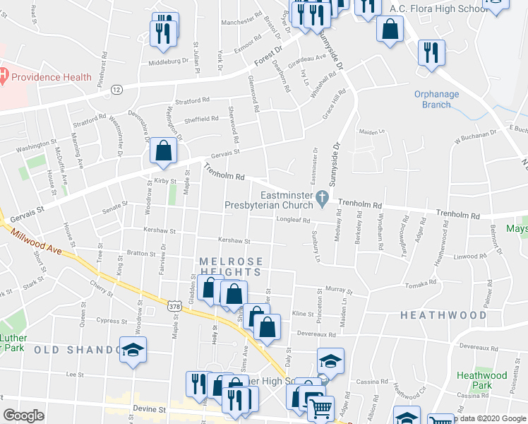 map of restaurants, bars, coffee shops, grocery stores, and more near 1501 Butler Street in Columbia