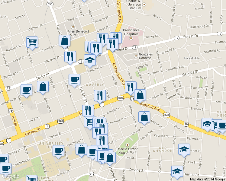 map of restaurants, bars, coffee shops, grocery stores, and more near 1223 Heidt Street in Columbia