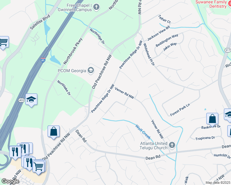 map of restaurants, bars, coffee shops, grocery stores, and more near 2546 Verner Road Northwest in Lawrenceville
