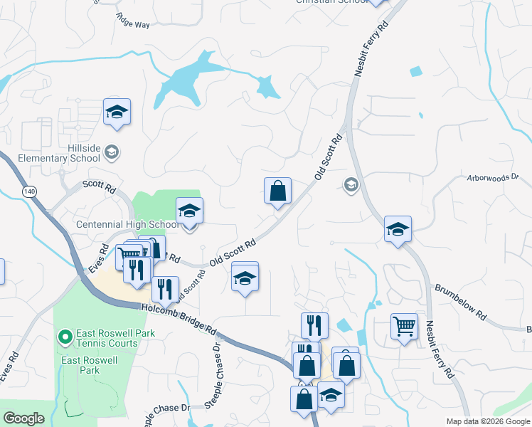 map of restaurants, bars, coffee shops, grocery stores, and more near 125 Nesbit Ridge Drive in Roswell