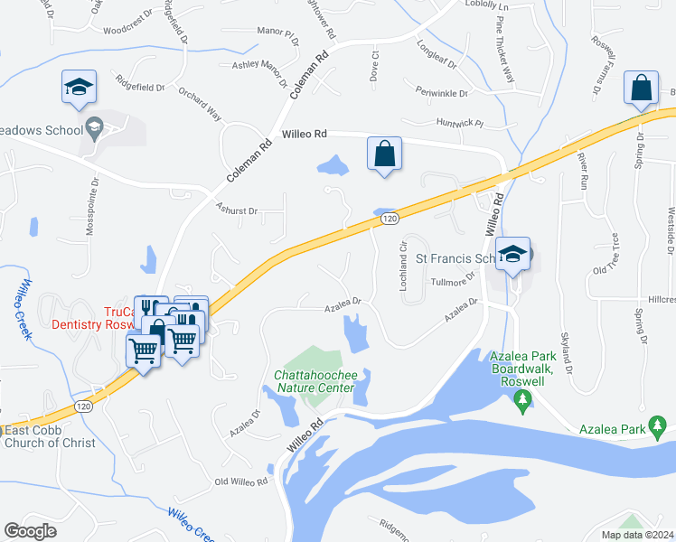 map of restaurants, bars, coffee shops, grocery stores, and more near 335 Highlands Trce in Roswell