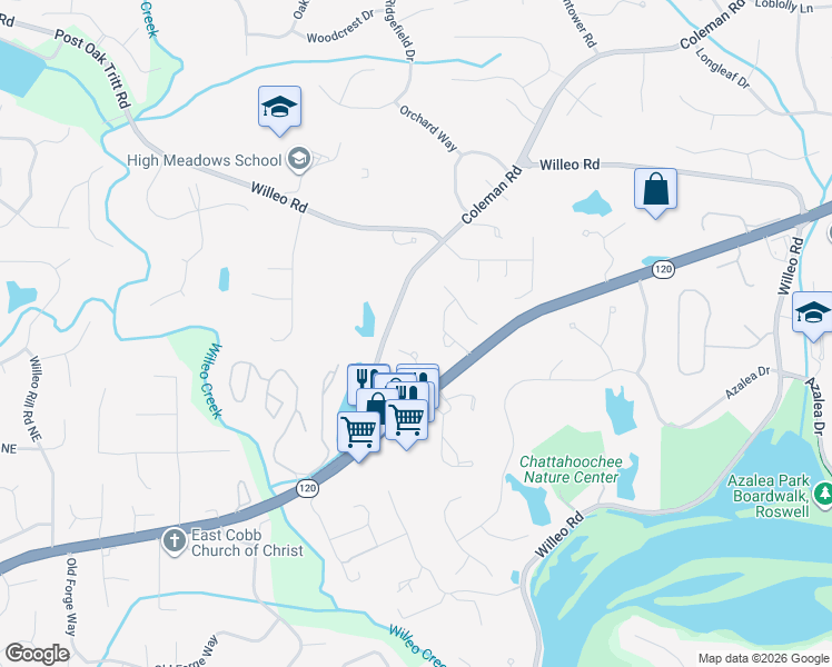 map of restaurants, bars, coffee shops, grocery stores, and more near 9375 Coleman Road in Roswell