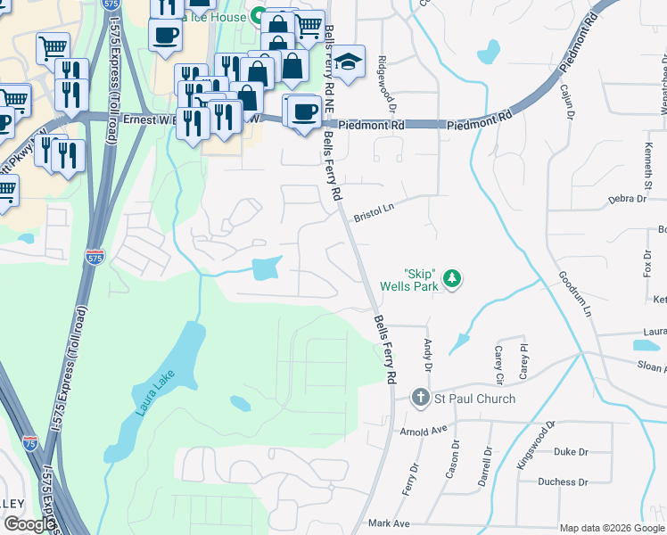 map of restaurants, bars, coffee shops, grocery stores, and more near 2326 Barrett Cottage PIace in Marietta