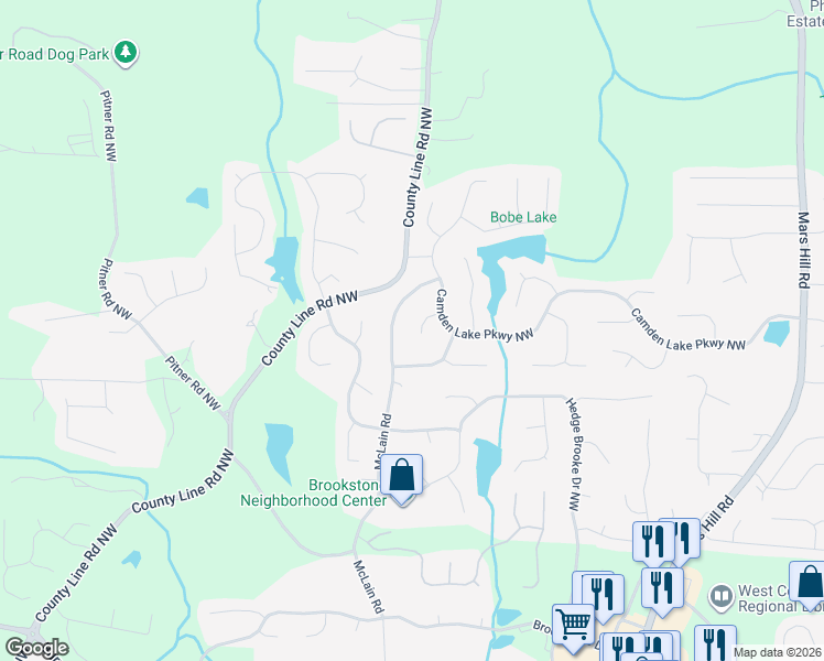 map of restaurants, bars, coffee shops, grocery stores, and more near 2503 Debidue Court Northwest in Acworth
