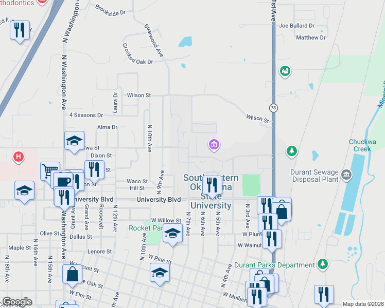 map of restaurants, bars, coffee shops, grocery stores, and more near 1603 North 6th Avenue in Durant