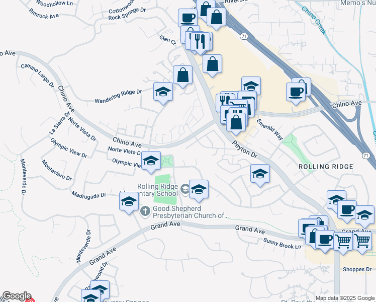 map of restaurants, bars, coffee shops, grocery stores, and more near 2705 Fairlane Place in Chino Hills