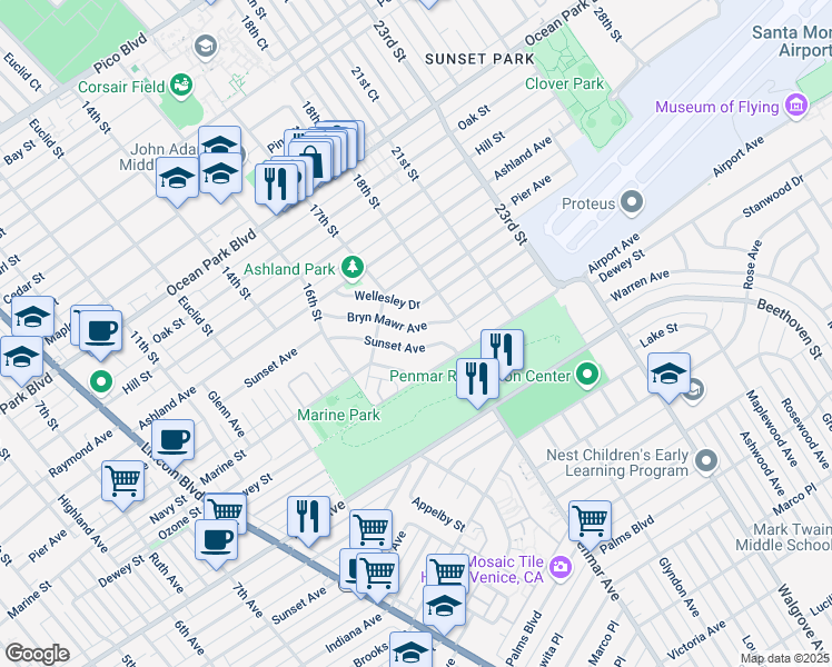 map of restaurants, bars, coffee shops, grocery stores, and more near 1744 Bryn Mawr Avenue in Santa Monica