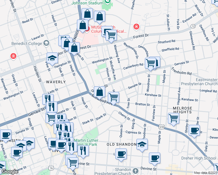 map of restaurants, bars, coffee shops, grocery stores, and more near 2464 Gervais Street in Columbia