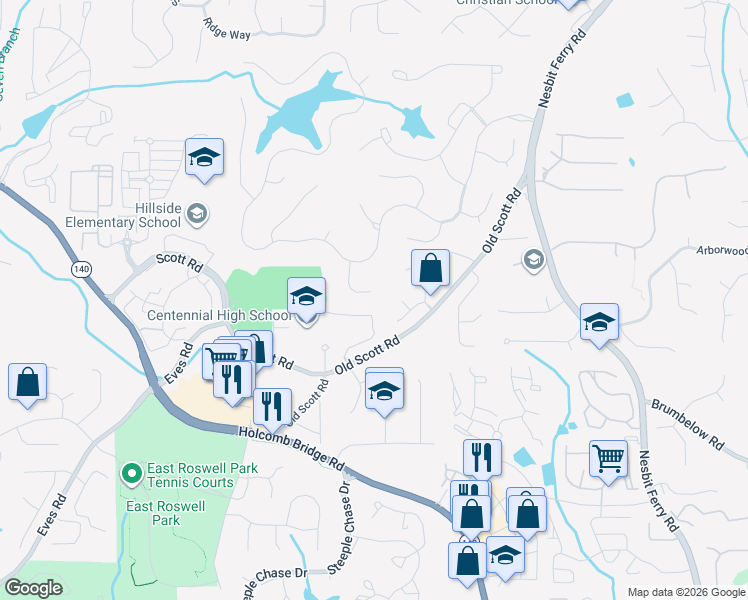 map of restaurants, bars, coffee shops, grocery stores, and more near 185 Shadow Creek Chase in Alpharetta