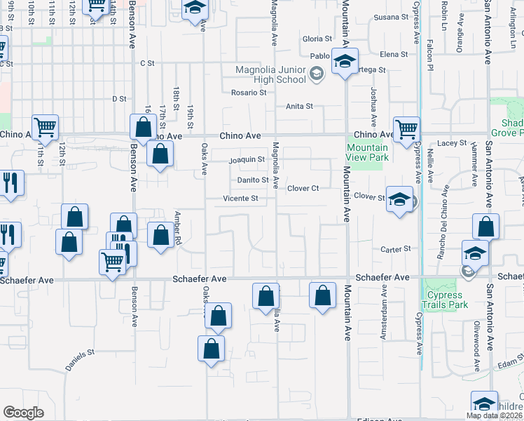 map of restaurants, bars, coffee shops, grocery stores, and more near 13505 Fairbanks Place in Chino