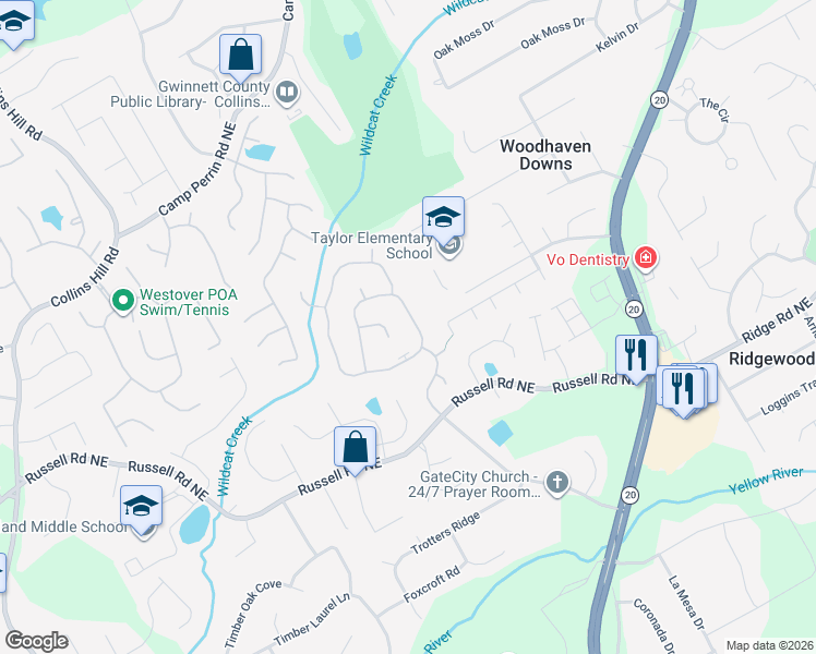 map of restaurants, bars, coffee shops, grocery stores, and more near 1925 Waters Ferry Drive in Lawrenceville