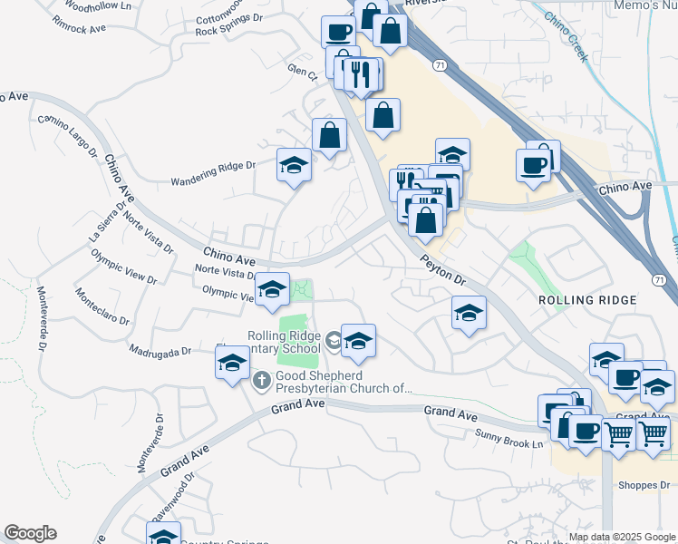 map of restaurants, bars, coffee shops, grocery stores, and more near 2705 Fairlane Place in Chino Hills